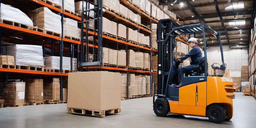 forklift lifting heavy load in warehouse