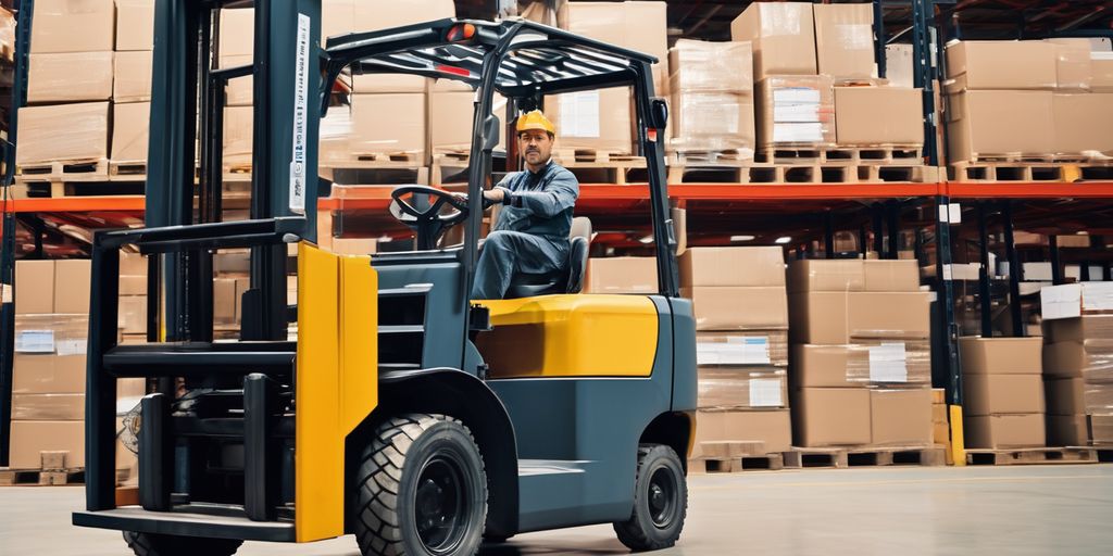 forklift in warehouse with driver showing license